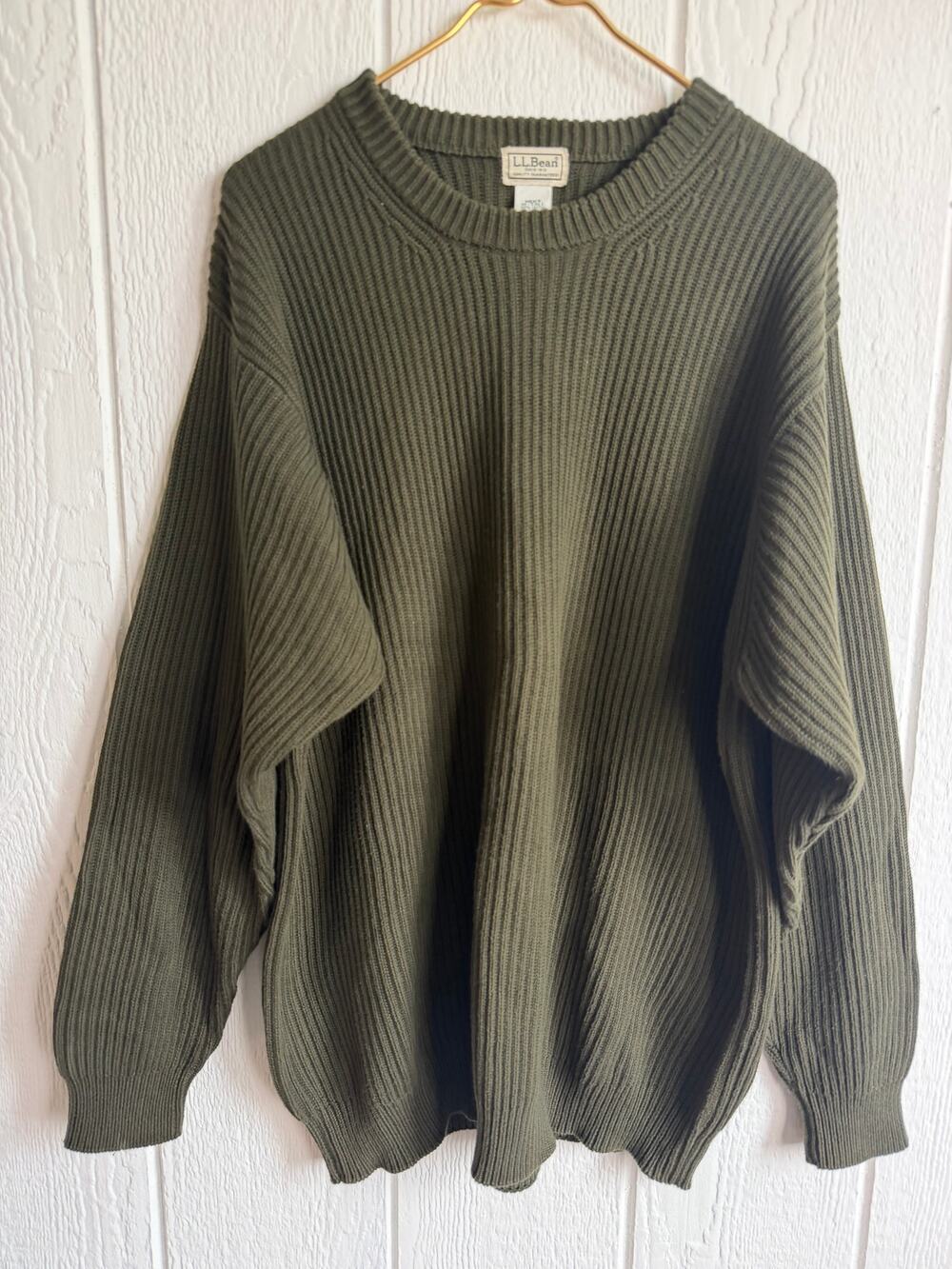 Vintage LL Bean Sweater Mens XL Tall Olive Green Cotton Rib Knit Crewneck